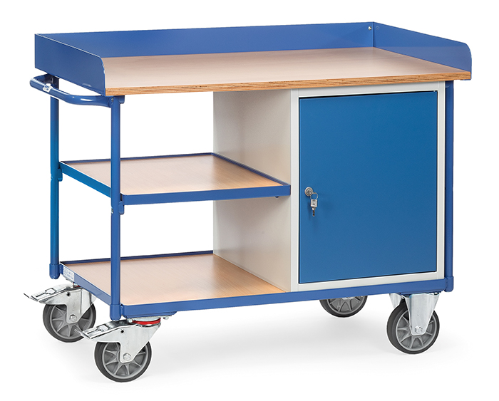 2435-d1d598 Werkstattwagen - 3 Ladeflächen - obere Ladefläche mit 80 mm hohem Rand - Stahlschrank
