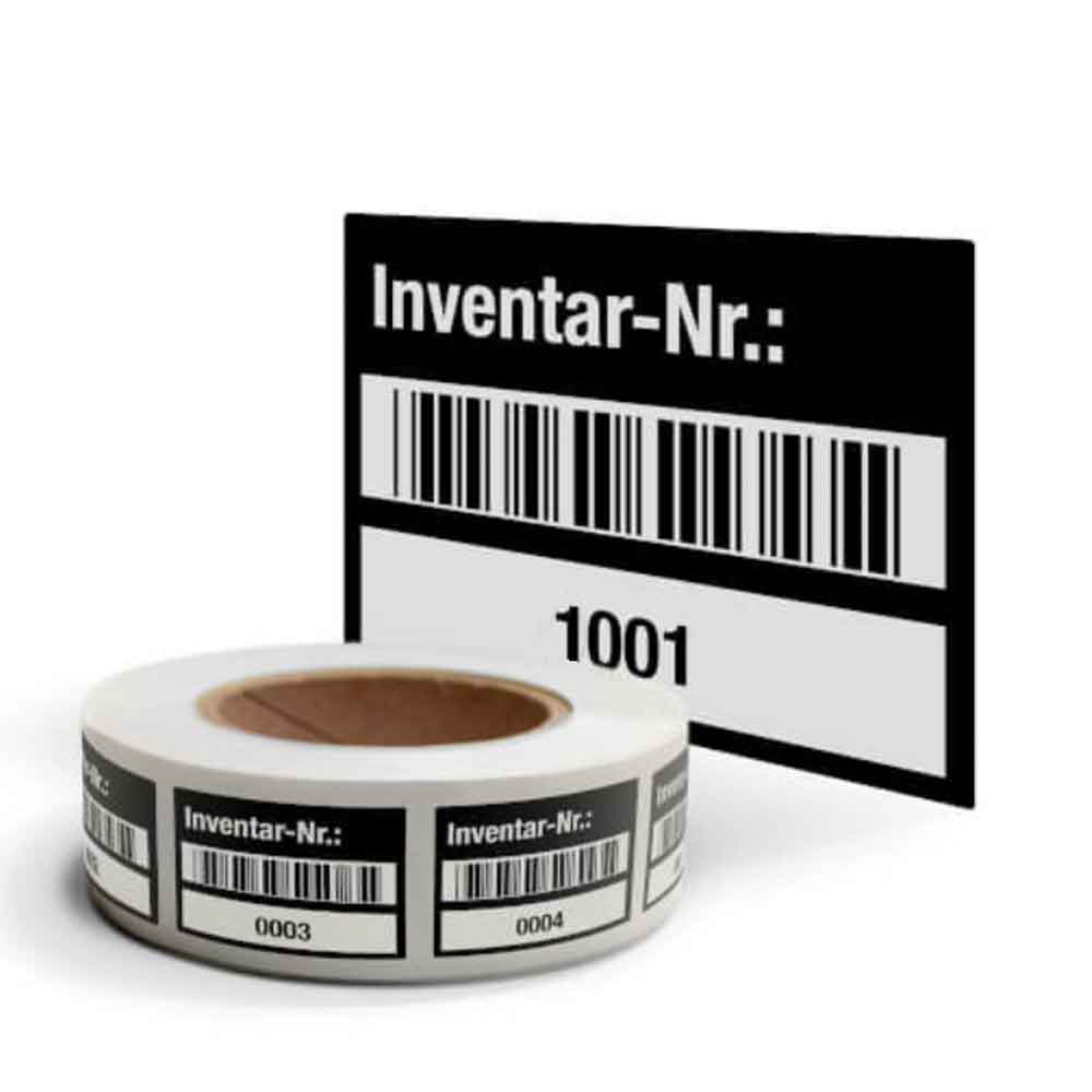 Inventar-Etikett - Inventar-Nr.: - mit Barcode und fortlaufend nummeriert 1001-2000 - VOID-Folie auf Rolle