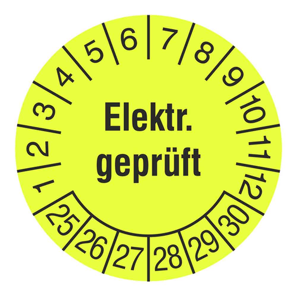 Prüfplakette auf Rolle - Elektr. Geprüft - in Jahresfarbe