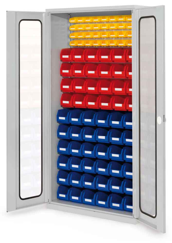 RasterPlan® - Schlitzplattenschrank Modell 57 - bestückt mit Lagersichtkästen - Türen wählbar