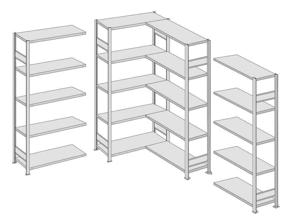 BERT-Eckregal - B 1285 x H 2000 mm - 4 Tiefen 300, 400, 500 und 600 mm - 5 Lagerebenen - 150 kg