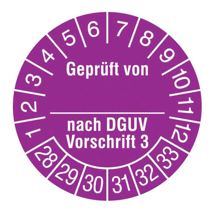 Prüfplakette - Geprüft von ... nach DGUV Vorschrift 3 - in Jahresfarbe - Dokumentenfolie