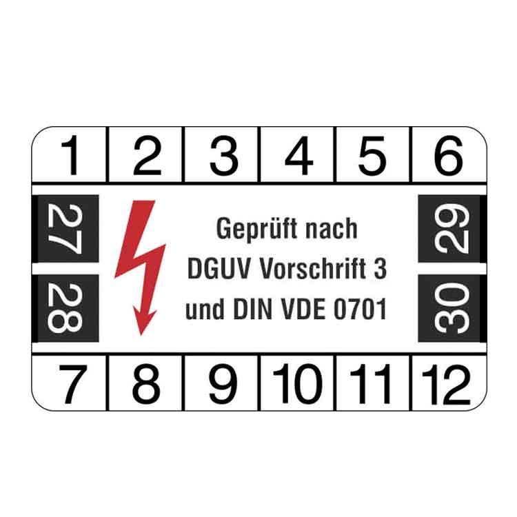 Prüfplakette - Geprüft nach DGUV Vorschrift 3 und DIN VDE 0701 - Weiss/Schwarz