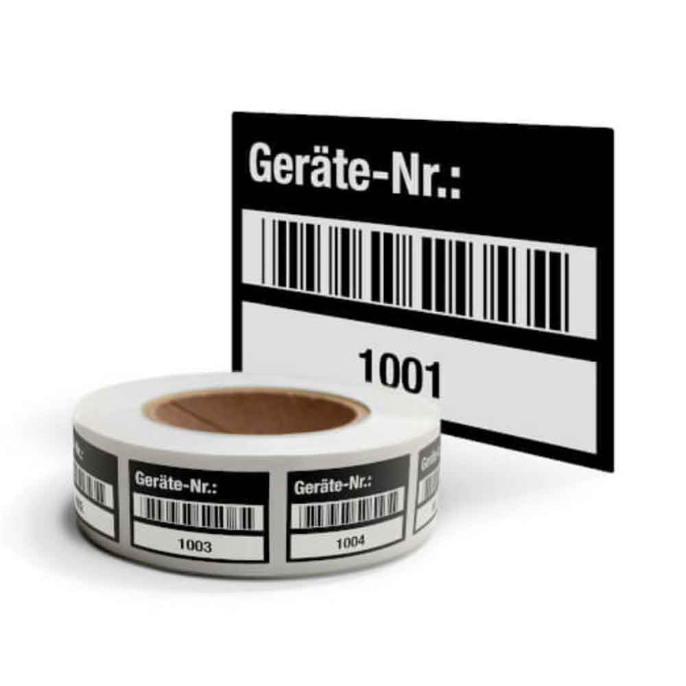 Inventar-Etikett - Geräte-Nr.: - mit Barcode und fortlaufend nummeriert 1001-2000 - VOID-Folie auf Rolle