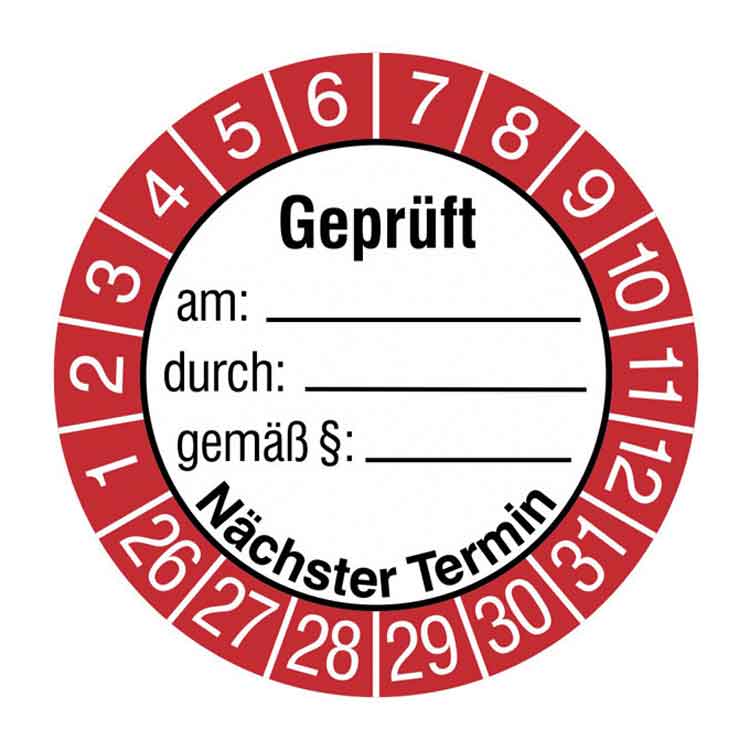 Prüfplakette - Geprüft am ... durch ... gemäß ... - Dokumentenfolie - Weiss/Rot/Schwarz