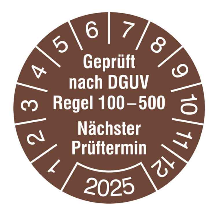 Prüfplakette - Geprüft nach DGUV Regel 100-500 - Nächster Prüftermin - in Jahresfarbe - Dokumentenfolie