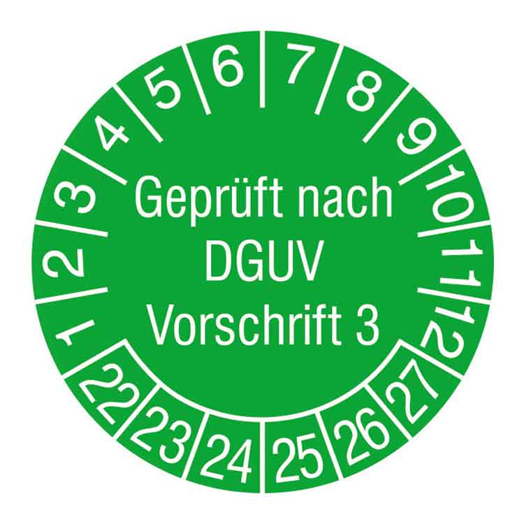 Prüfplakette Geprüft nach DGUV Vorschrift 3 - in Jahresfarbe - Dokumentenfolie