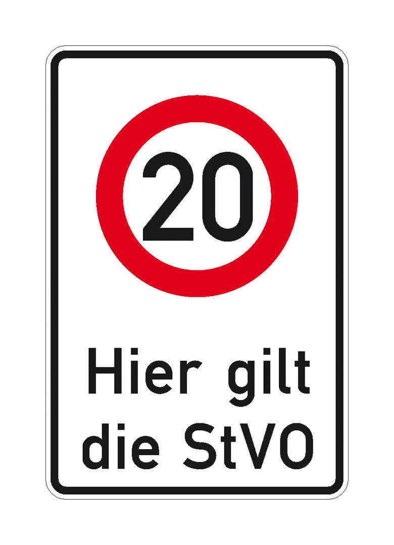 Verkehrsschild  - Betriebskennzeichnung - Hier gilt die StVO - Zulässige Höchstgeschw. ... 20 km/h