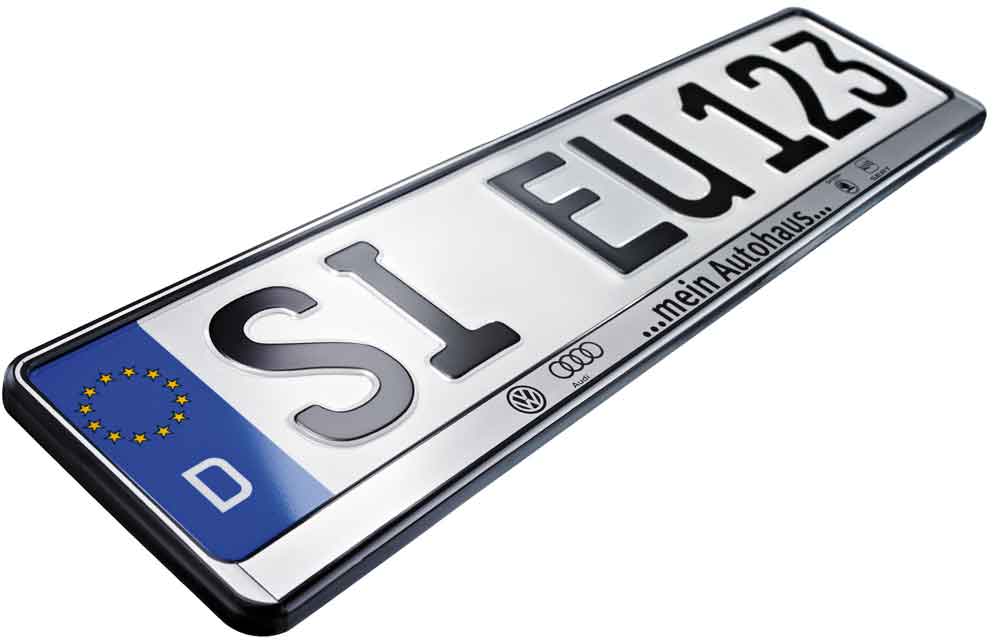erustar-silber-druck-1-farbig-7f7a07 Kennzeichenhalter "CHANGE Classic" - Grundplatte Schwarz mit Oberfläche Silber - Werbeleiste Silber - einfarbiger Aufdruck