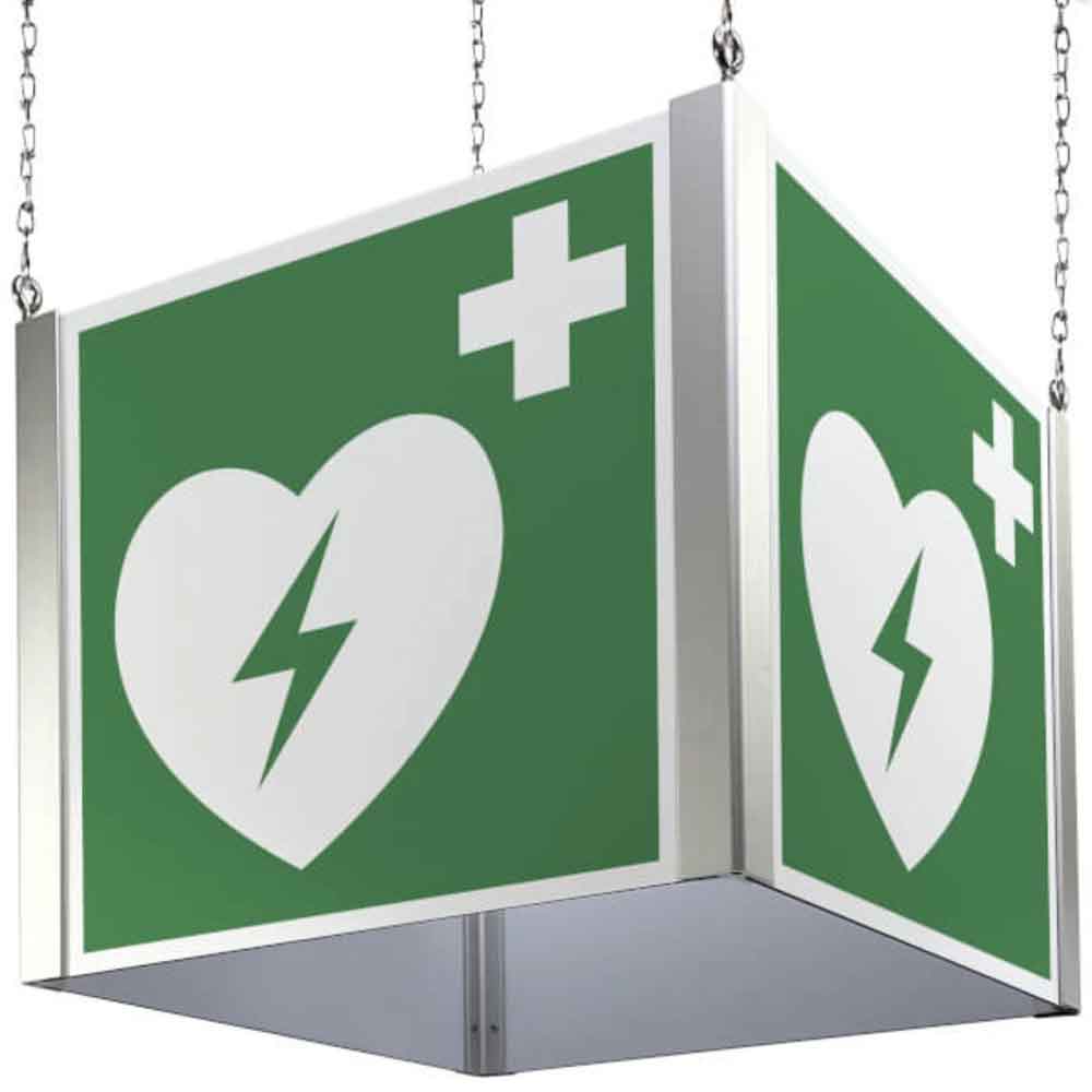 Rettungszeichenwürfel - Motiv: Defibrillator - zur Deckenabhängung Rettungszeichenwürfel - Motiv: Defibrillator - zur Deckenabhängung