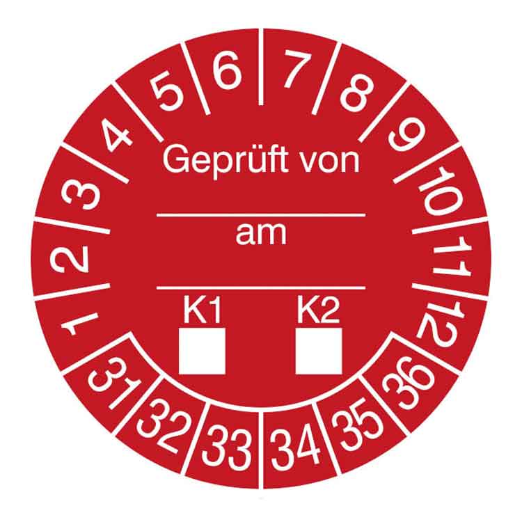 Prüfplakette - Geprüft von ... am ... K1-K2 - in Jahresfarbe - Dokumentenfolie