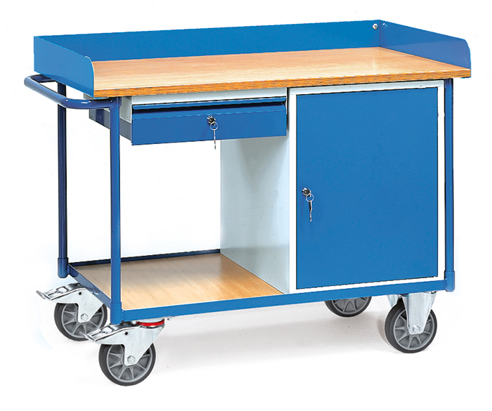 2436-e6c488 Werkstattwagen - 2 Ladeflächen - obere Ladefläche mit 80 mm hohem Rand - Stahlschrank - 1 Schublade