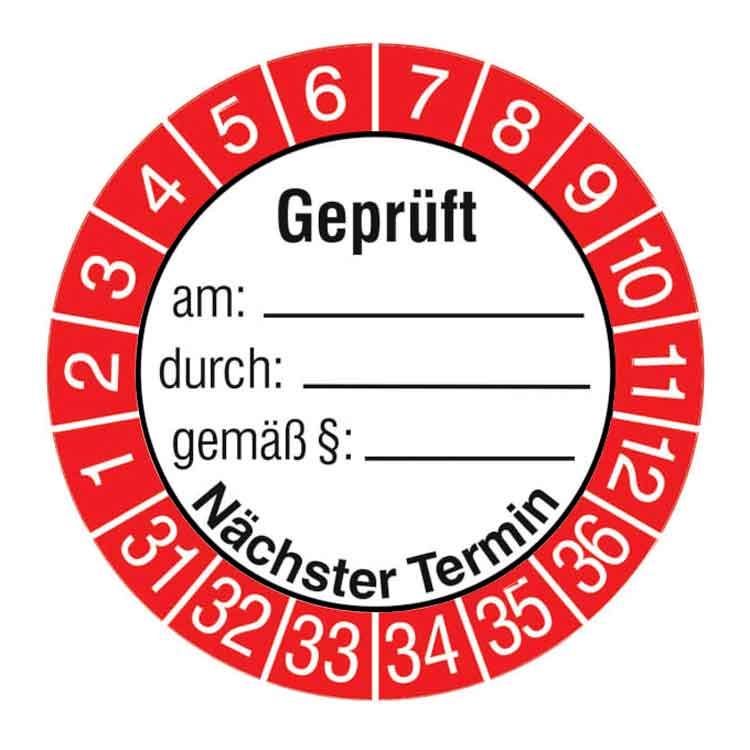 Prüfplakette - Geprüft am ... durch ... gemäß ... - Dokumentenfolie - Weiss/Rot/Schwarz