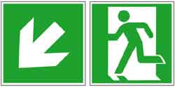 Fluchtwegschild und Zusatzschild abwärts gehen nach links