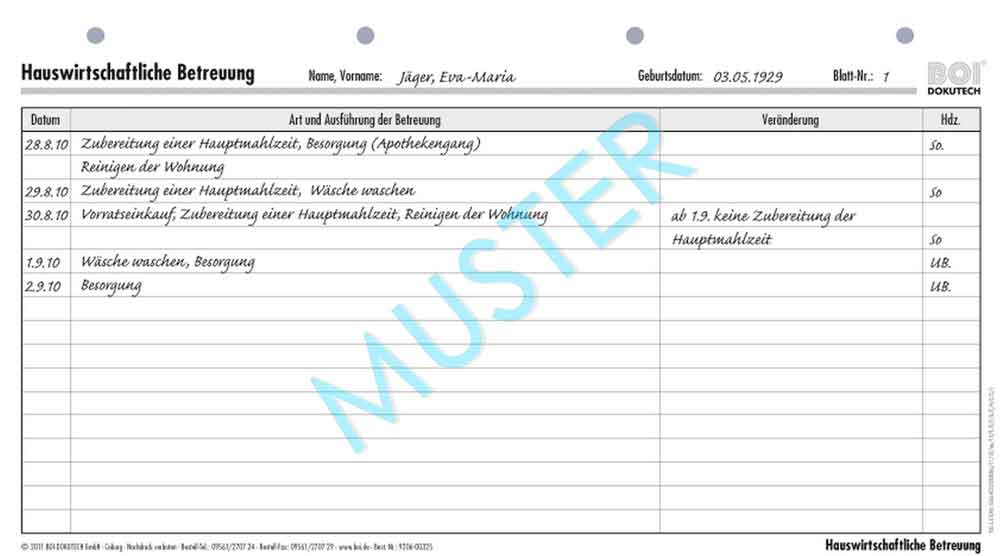 Formular "Hauswirtschaftliche Betreuung" - Zubehör für Dokumentationsmappen Formular "Hauswirtschaftliche Betreuung" - Zubehör für Dokumentationsmappen