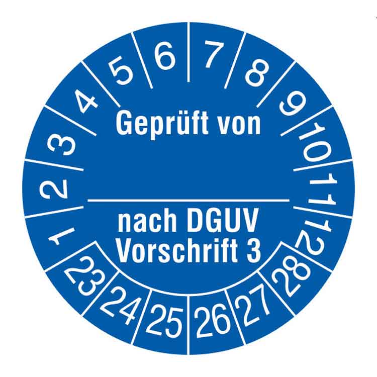 Prüfplakette - Geprüft von ... nach DGUV Vorschrift 3 - in Jahresfarbe - Dokumentenfolie