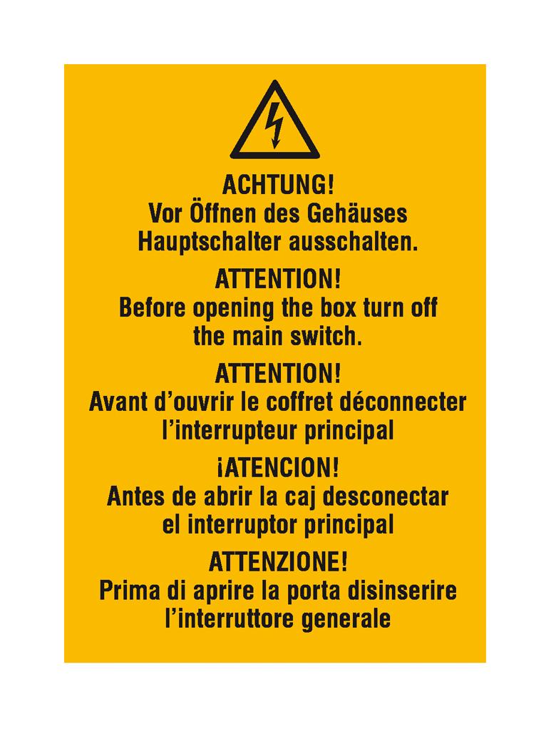 35-10-431-0-10-058-warn-kombischild-vor-offnen-des-gehauses-hauptschalter-ausschalten-210651-bb0728 Warn-Kombischild - ACHTUNG! Vor Öffnen des Gehäuses Hauptschalter ausschalten - Mehrsprachig