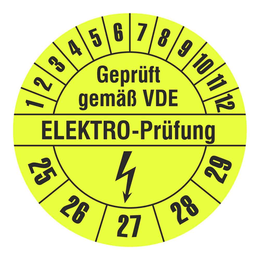 35-22-687-0-10-25-29-6dc8d2 Prüfplakette auf Rolle - Geprüft gemäß VDE - ELEKTRO-Prüfung - Gelb/Schwarz