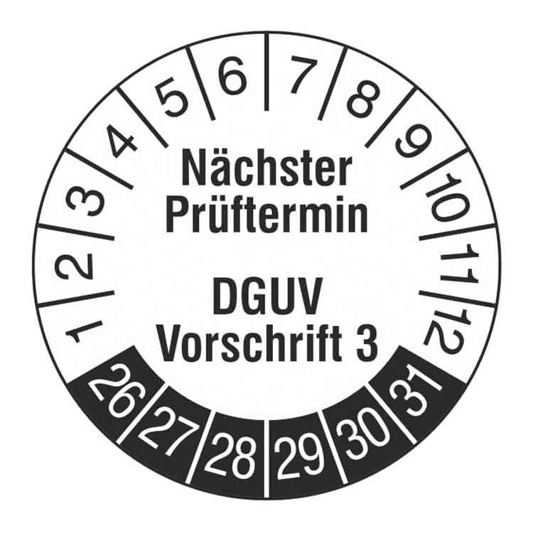Prüfplakette - Nächster Prüftermin DGUV Vorschrift 3 - Weiss/Schwarz - PVC-Folie