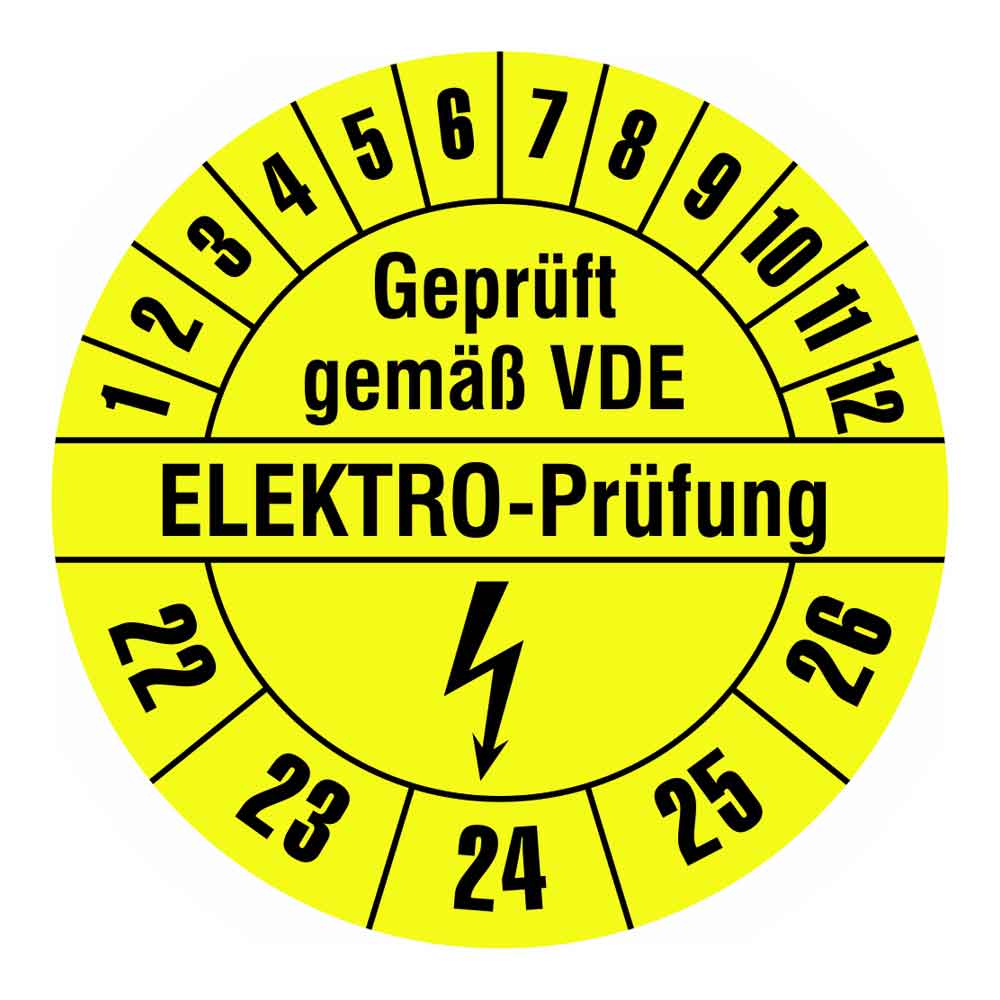 35-22-687-0-10-22-26-44643f Prüfplakette auf Rolle - Geprüft gemäß VDE - ELEKTRO-Prüfung - Gelb/Schwarz