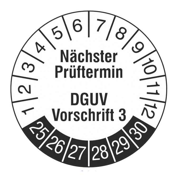 Prüfplakette - Nächster Prüftermin DGUV Vorschrift 3 - Weiss/Schwarz - PVC-Folie
