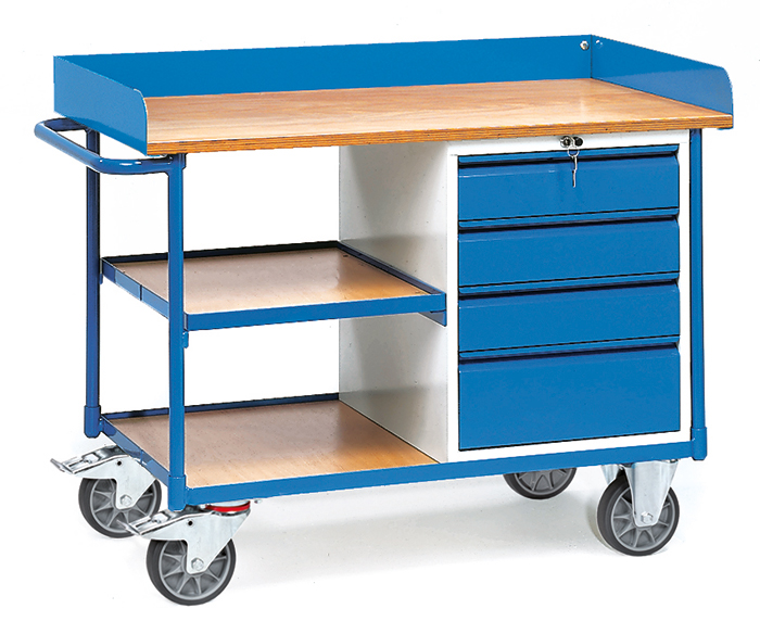 2437-6136b8 Werkstattwagen - 3 Ladeflächen - obere Ladefläche mit 80 mm hohem Rand - mit Schubladenschrank