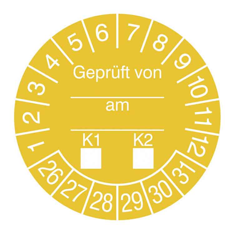 Prüfplakette - Geprüft von ... am ... K1-K2 - in Jahresfarbe - Dokumentenfolie