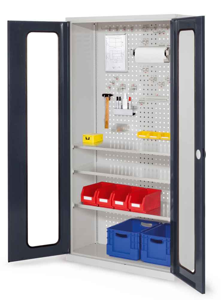 RasterPlan® - Werkzeugschrank - mit Sichtfenstertüren - Tiefe 410 mm - 3 Fachböden