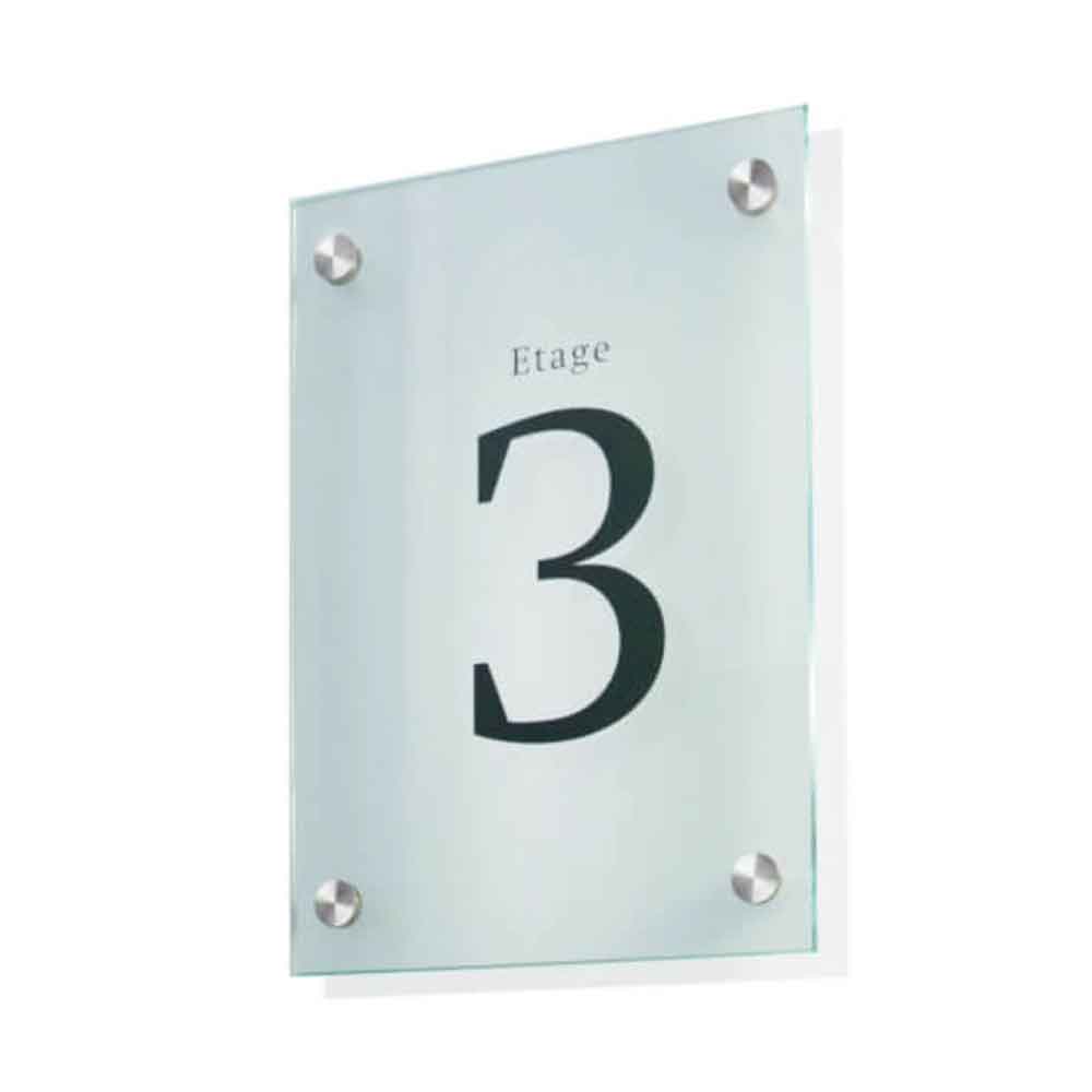 CRISTALLO Firmenschild - aus 1 x 8 mm Sicherheitsglas - mit Edelstahlhalter - in 2 Größen CRISTALLO Firmenschild - aus 1 x 8 mm Sicherheitsglas - mit Edelstahlhalter - in 2 Größen
