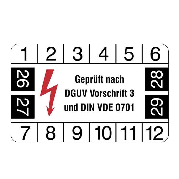 Prüfplakette - Geprüft nach DGUV Vorschrift 3 und DIN VDE 0701 - Weiss/Schwarz