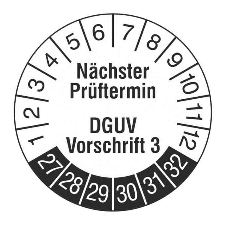 Prüfplakette - Nächster Prüftermin DGUV Vorschrift 3 - Weiss/Schwarz - PVC-Folie