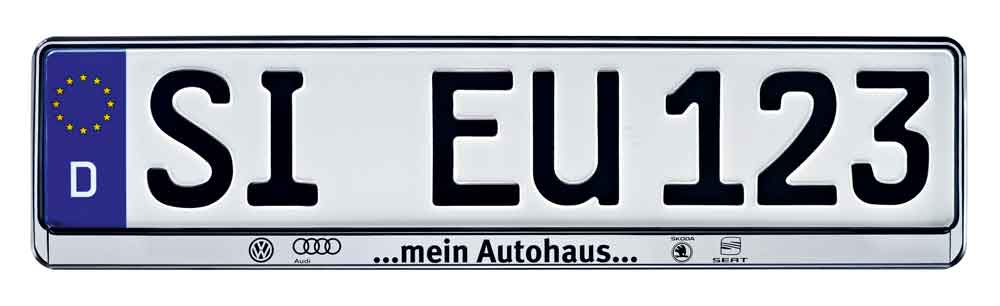 erustar-silber-druck-1-farbig-ansicht-f82889 Kennzeichenhalter "CHANGE Classic" - Grundplatte Schwarz mit Oberfläche Silber - Werbeleiste Silber - einfarbiger Aufdruck