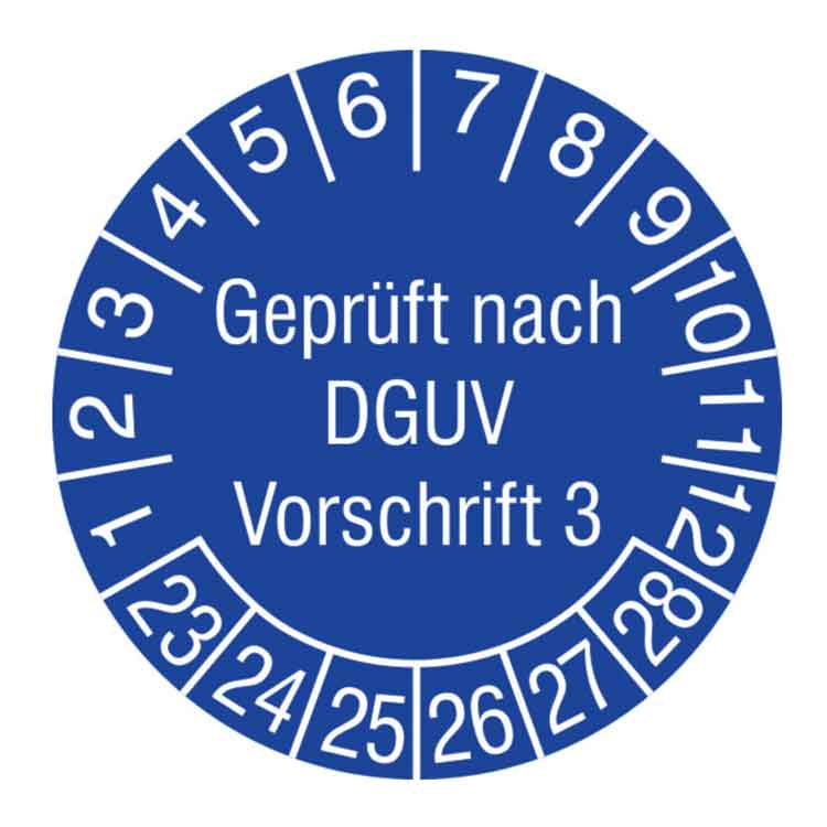 Prüfplakette Geprüft nach DGUV Vorschrift 3 - in Jahresfarbe - Dokumentenfolie