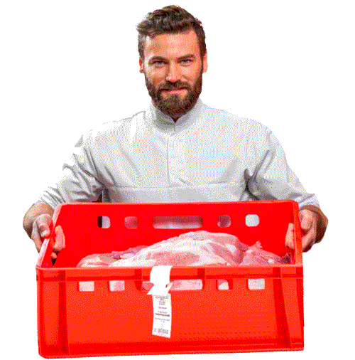 Fleischkiste mit Etikett aus lebensmittelechtem HDPE-Kunststoff