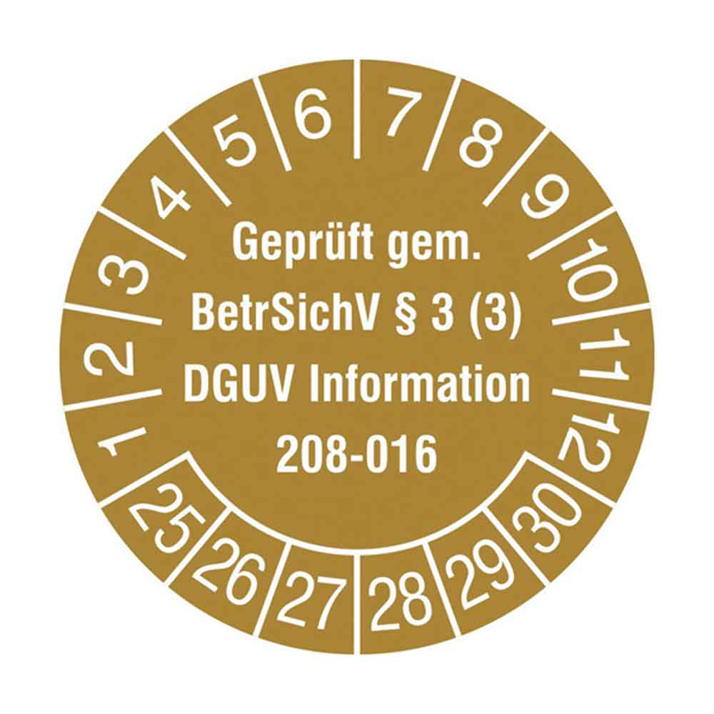 Prüfplakette auf Bogen - Geprüft gem. BetrSichV §3 (3) - DGUV Information 208-016