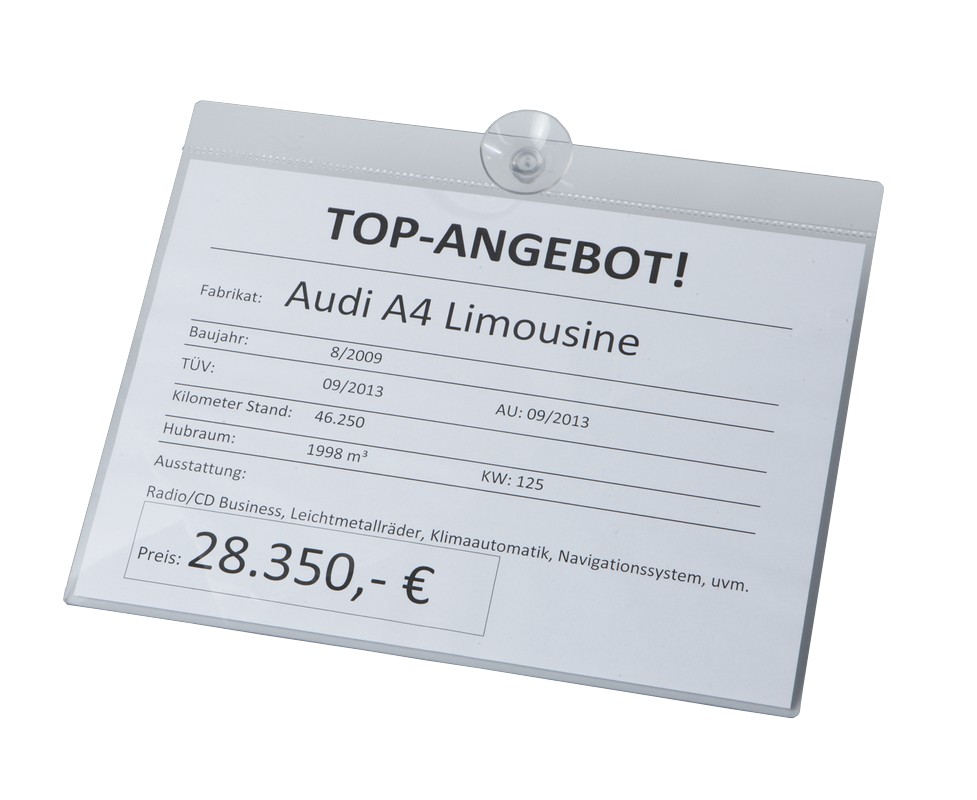 30-10-100-0-00-03-002-preisblatthalter-2724a6 Info-Preisblatthalter - DIN A4 Querformat - Saugnapf und Haken