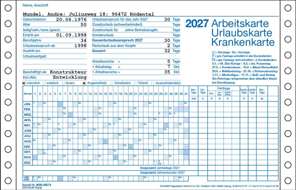 EDV-Arbeits-Urlaubs-Krankenkarte 2025 und 2026 - auf Endlospapier für Drucker
