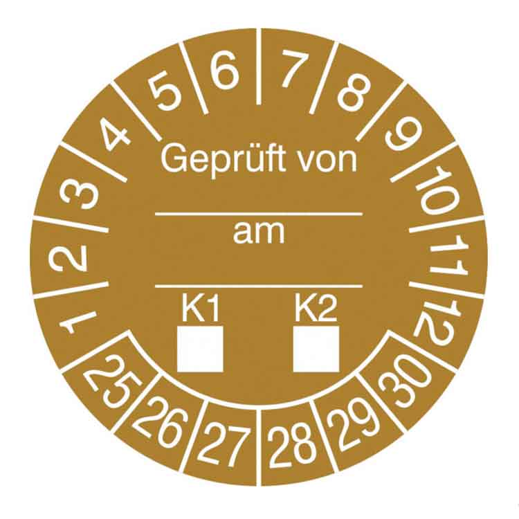 Prüfplakette - Geprüft von ... am ... K1-K2 - in Jahresfarbe - Dokumentenfolie