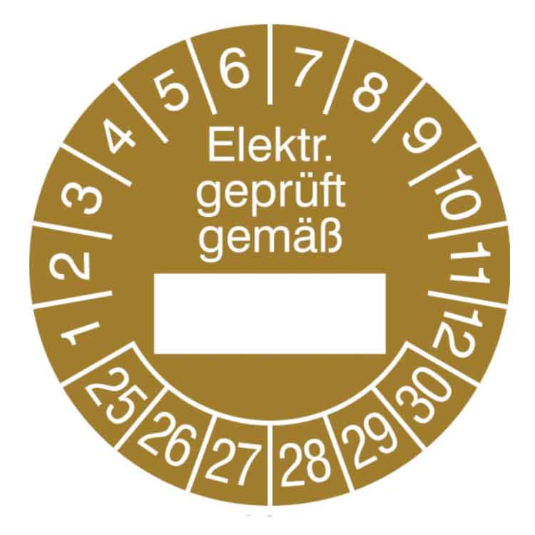 Prüfplakette Elektr. geprüft gemäß in Jahresfarbe