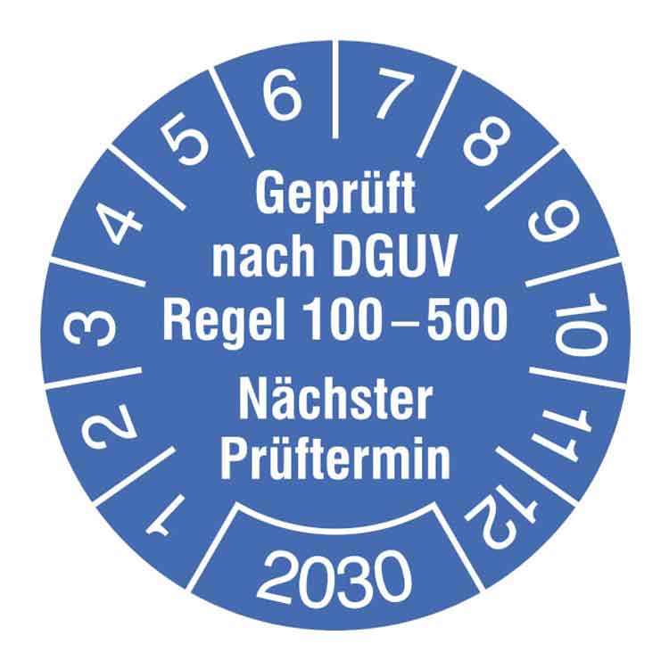 Prüfplakette - Geprüft nach DGUV Regel 100-500 - Nächster Prüftermin - in Jahresfarbe - Dokumentenfolie