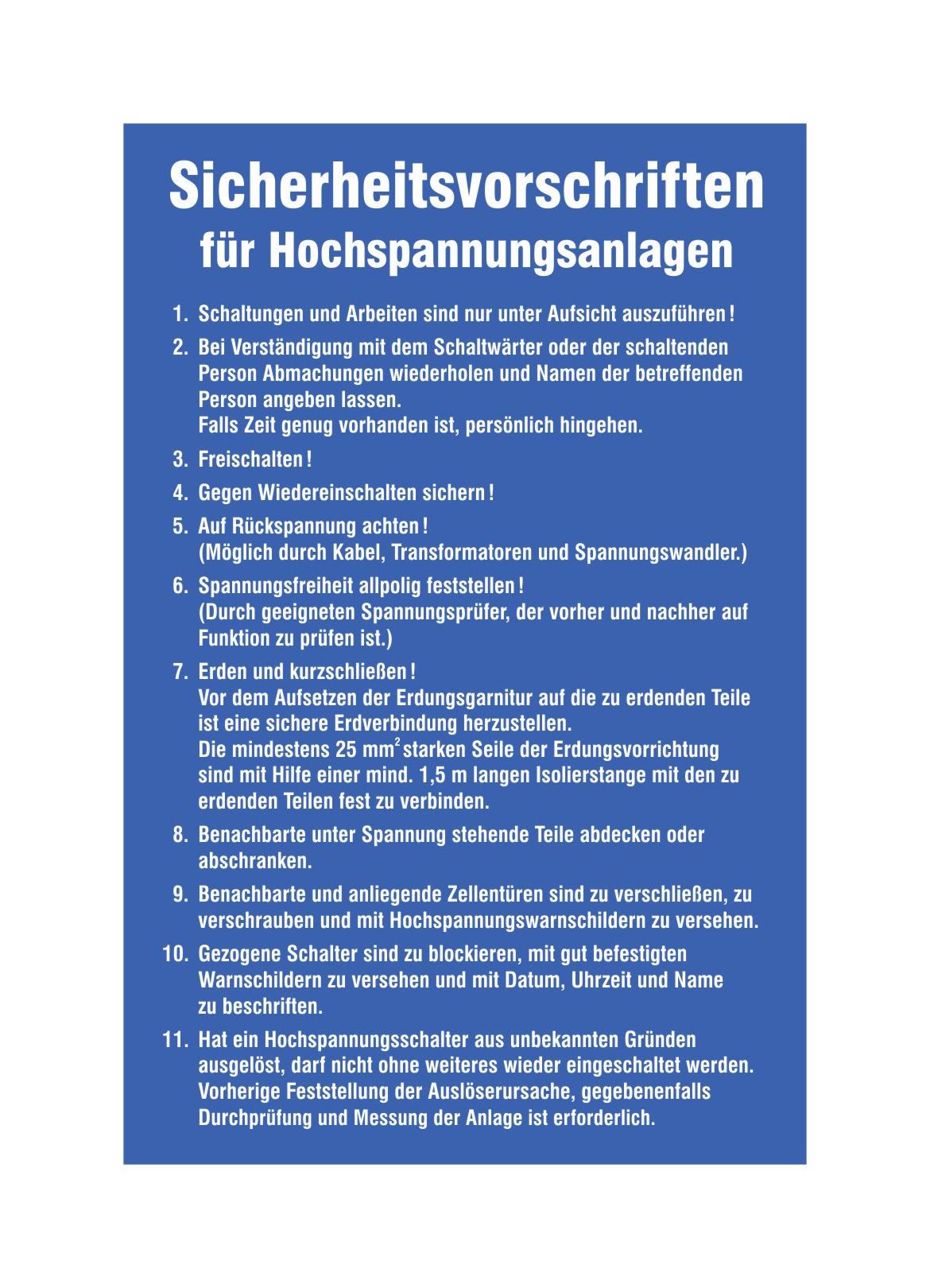 Aushang Elektrotechnik - Sicherheitsvorschriften für Hochspannungsanlagen