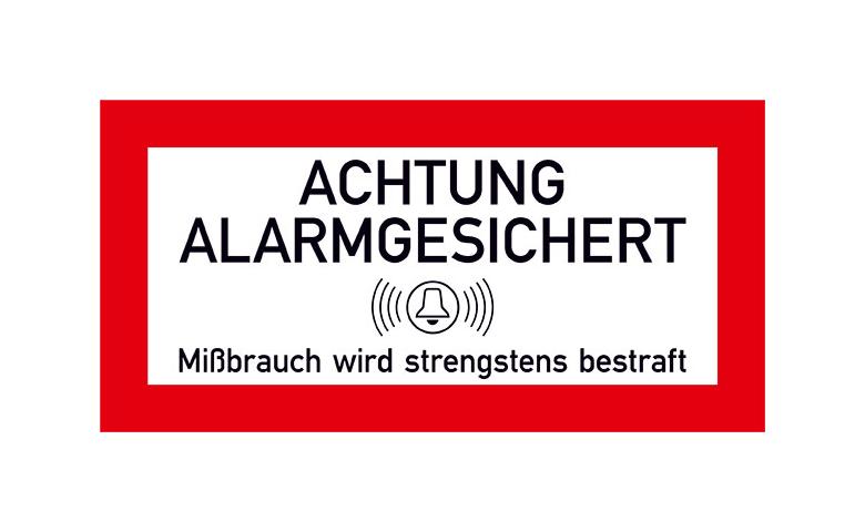 Hinweisschild für Schutzschränke auf Bogen - Text: Achtung Alarmgesichert