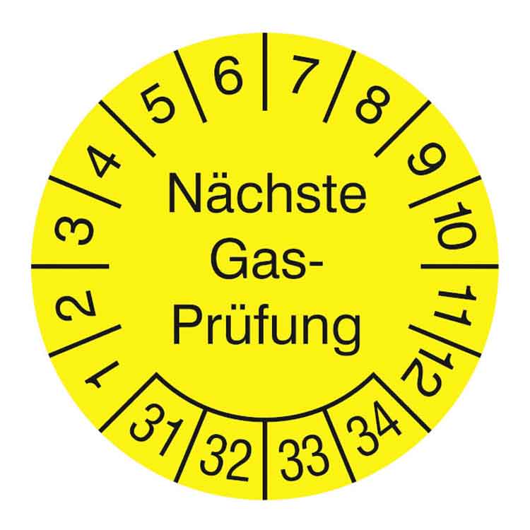 Prüfplakette - Nächste Gasprüfung - Dokumentenfolie - Gelb/Schwarz
