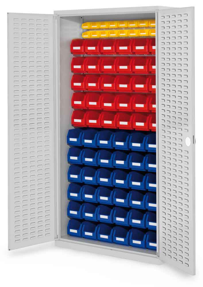 RasterPlan® - Schlitzplattenschrank Modell 58 - bestückt mit Lagersichtkästen - Türen wählbar