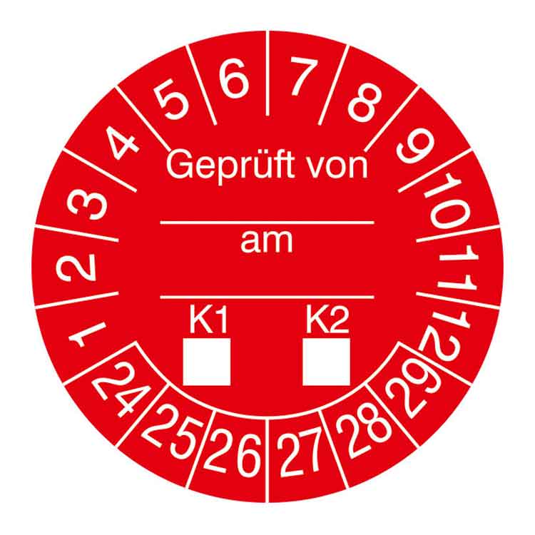 Prüfplakette - Geprüft von ... am ... K1-K2 - in Jahresfarbe - Dokumentenfolie