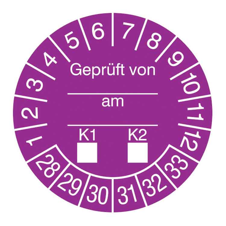 Prüfplakette - Geprüft von ... am ... K1-K2 - in Jahresfarbe - Dokumentenfolie