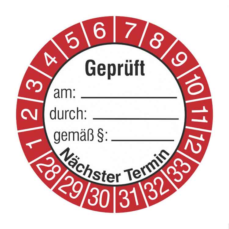 Prüfplakette - Geprüft am ... durch ... gemäß ... - Dokumentenfolie - Weiss/Rot/Schwarz