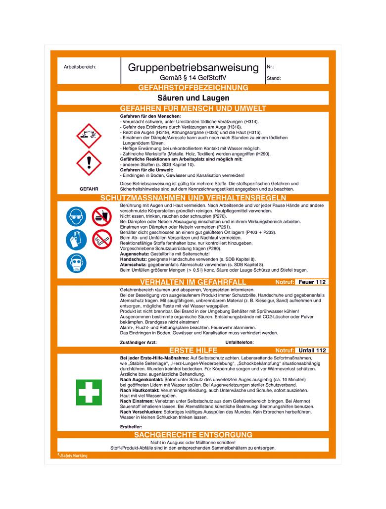 Gefahrstoff - Gruppenbetriebsanweisung - Säuren und Laugen