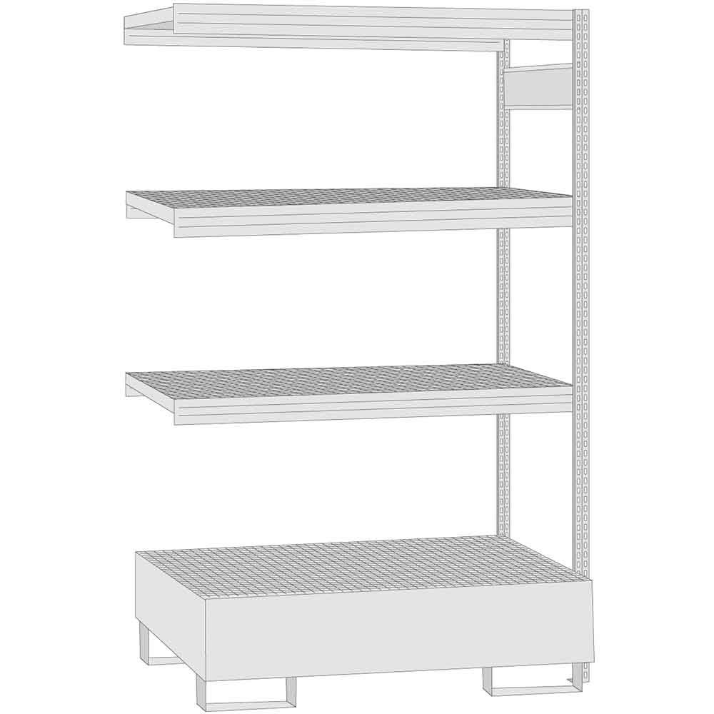 BERT-Umweltregal mit Tiefenriegel - Anbaufeld mit Auffangwanne - H 2000 x B 1285 x T 600 mm - 3 Lagerebenen - 250 kg