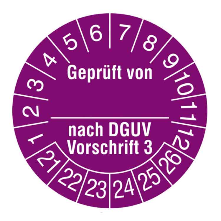 Prüfplakette - Geprüft von ... nach DGUV Vorschrift 3 - in Jahresfarbe - Dokumentenfolie